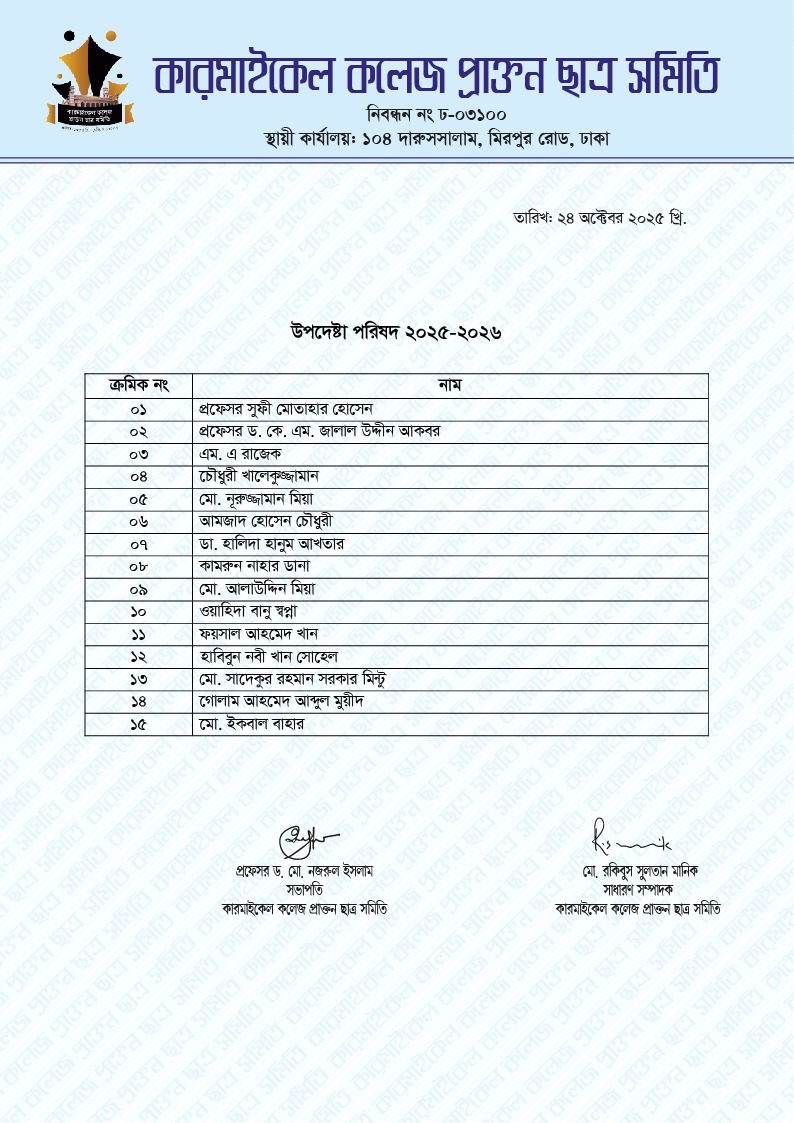 কারমাইকেল কলেজ প্রাক্তন ছাত্র সমিতির ১৫ সদস্যবিশিষ্ট উপদেষ্টা কমিটি গঠন কারমাইকেল কলেজ—শিক্ষা, ঐতিহ্য ও গৌরবের এক উজ্জ্বল নাম। সেই ঐতিহ্যকে আরও সুসংহত ও প্রজন্ম থেকে প্রজন্মে ছড়িয়ে দিতে কারমাইকেল কলেজ প্রাক্তন ছাত্র সমিতির পক্ষ থেকে ১৫ জন বিশিষ্ট ও সম্মানিত প্রাক্তন শিক্ষার্থীকে নিয়ে একটি উপদেষ্টা কমিটি গঠন করা হয়েছে। এই উপদেষ্টা কমিটি সংগঠনের দিকনির্দেশনা প্রদান, ভবিষ্যৎ কর্মপরিকল্পনা প্রণয়ন এবং প্রাক্তন ছাত্রদের মধ্যে ঐক্য ও সৌহার্দ্য আরও জোরদার করতে গুরুত্বপূর্ণ ভূমিকা পালন করবেন—এমনটাই প্রত্যাশা। আমরা বিশ্বাস করি, অভিজ্ঞতা, প্রজ্ঞা ও দায়িত্ববোধে সমৃদ্ধ এই উপদেষ্টা পরিষদের পথনির্দেশনায় কারমাইকেল কলেজ প্রাক্তন ছাত্র সমিতি আরও গতিশীল, কার্যকর ও মর্যাদাশীল হয়ে উঠবে। নবগঠিত উপদেষ্টা কমিটির সকল সম্মানিত সদস্যদের প্রতি রইল আন্তরিক শুভেচ্ছা ও অভিনন্দন। আসুন, সকলে মিলে প্রিয় কারমাইকেল কলেজের সম্মান, ঐতিহ্য ও অগ্রযাত্রাকে আরও এগিয়ে নিয়ে যাই।